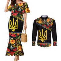 Petrykivka Ukrainian Folk Pattern Couples Matching Mermaid Dress and Long Sleeve Button Shirt Golden Trident With Map