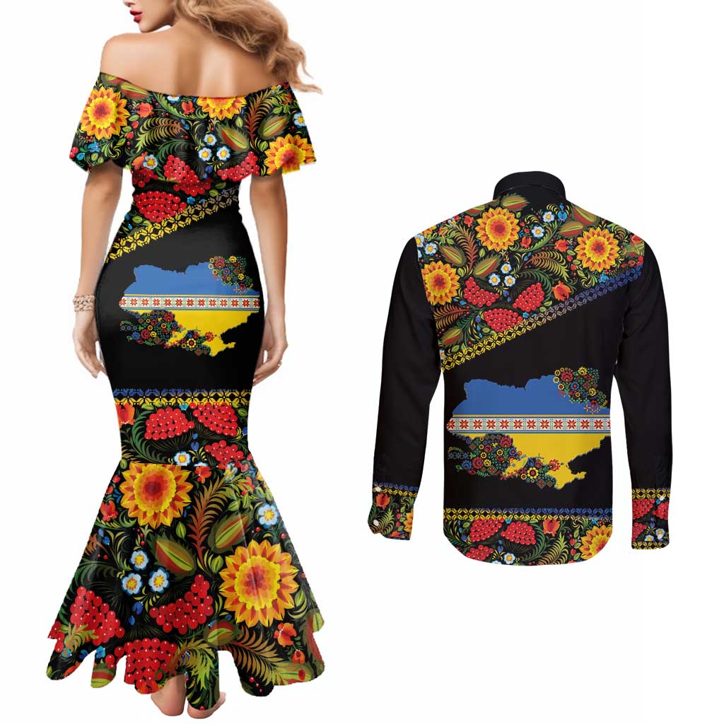 Petrykivka Ukrainian Folk Pattern Couples Matching Mermaid Dress and Long Sleeve Button Shirt Golden Trident With Map