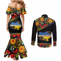 Petrykivka Ukrainian Folk Pattern Couples Matching Mermaid Dress and Long Sleeve Button Shirt Golden Trident With Map
