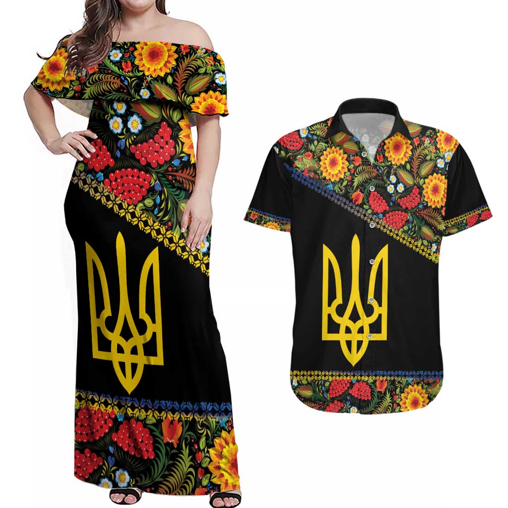 Petrykivka Ukrainian Folk Pattern Couples Matching Off Shoulder Maxi Dress and Hawaiian Shirt Golden Trident With Map