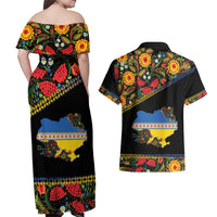 Petrykivka Ukrainian Folk Pattern Couples Matching Off Shoulder Maxi Dress and Hawaiian Shirt Golden Trident With Map