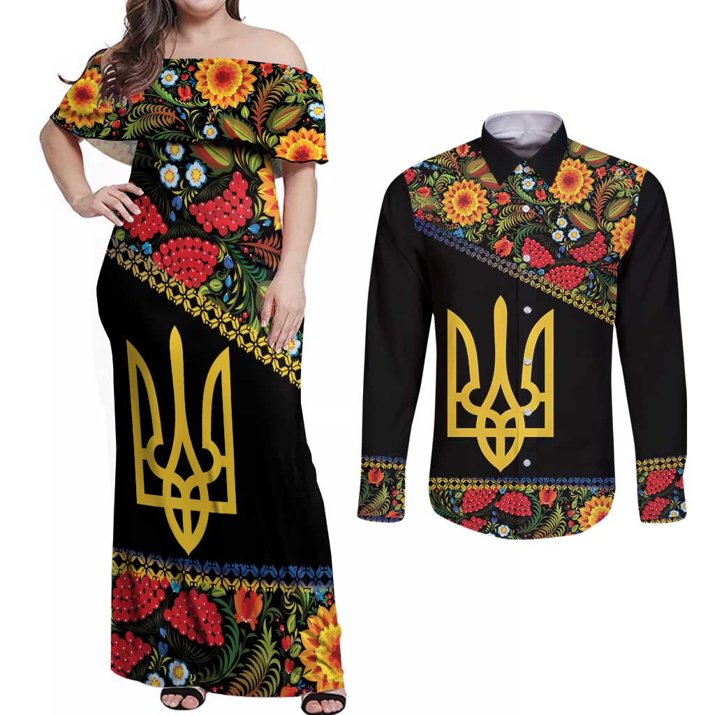 Petrykivka Ukrainian Folk Pattern Couples Matching Off Shoulder Maxi Dress and Long Sleeve Button Shirt Golden Trident With Map