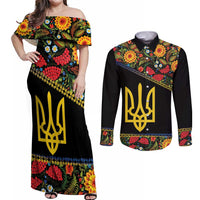 Petrykivka Ukrainian Folk Pattern Couples Matching Off Shoulder Maxi Dress and Long Sleeve Button Shirt Golden Trident With Map