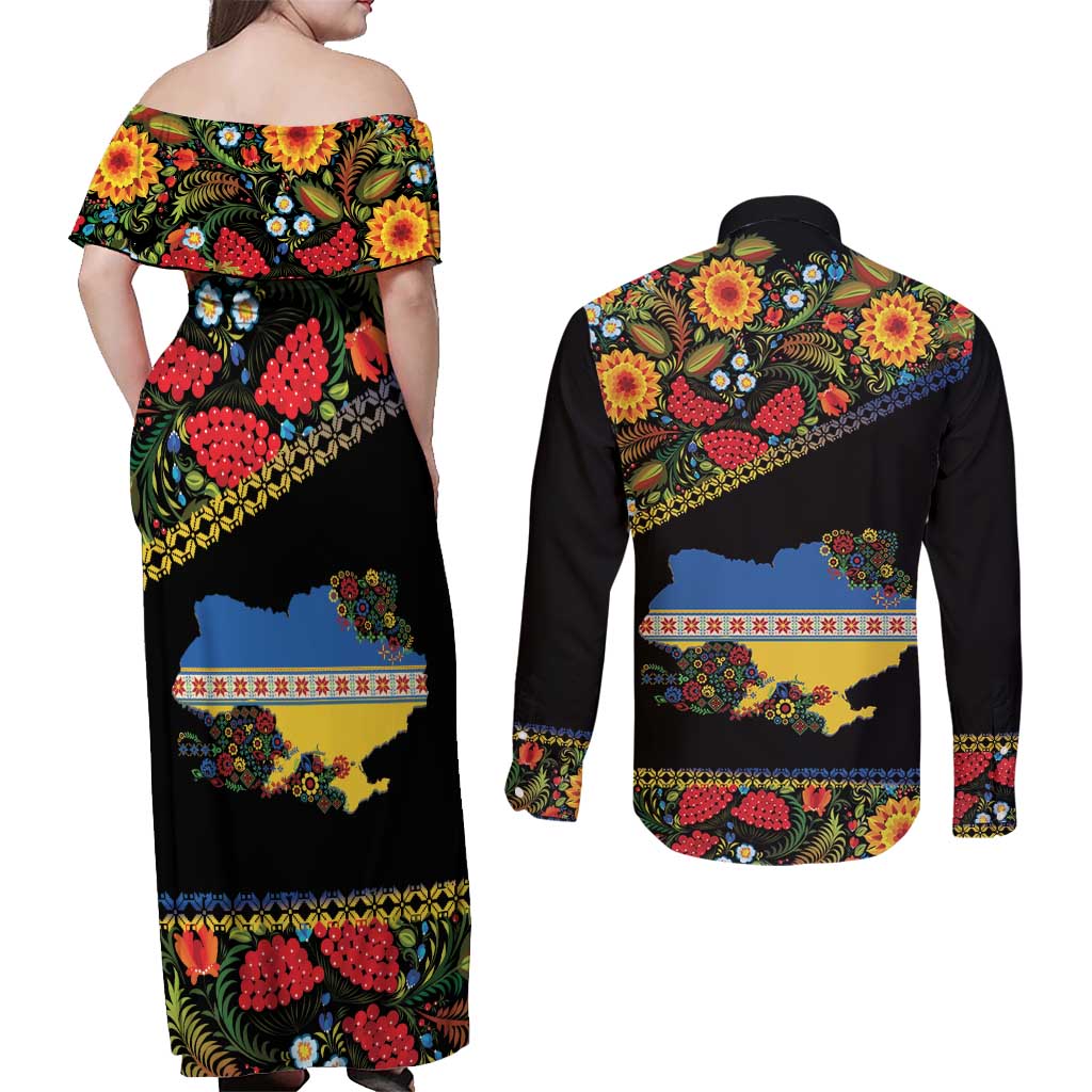 Petrykivka Ukrainian Folk Pattern Couples Matching Off Shoulder Maxi Dress and Long Sleeve Button Shirt Golden Trident With Map