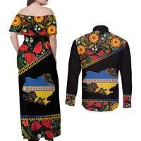 Petrykivka Ukrainian Folk Pattern Couples Matching Off Shoulder Maxi Dress and Long Sleeve Button Shirt Golden Trident With Map