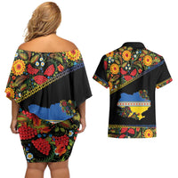 Petrykivka Ukrainian Folk Pattern Couples Matching Off Shoulder Short Dress and Hawaiian Shirt Golden Trident With Map