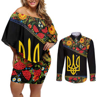 Petrykivka Ukrainian Folk Pattern Couples Matching Off Shoulder Short Dress and Long Sleeve Button Shirt Golden Trident With Map