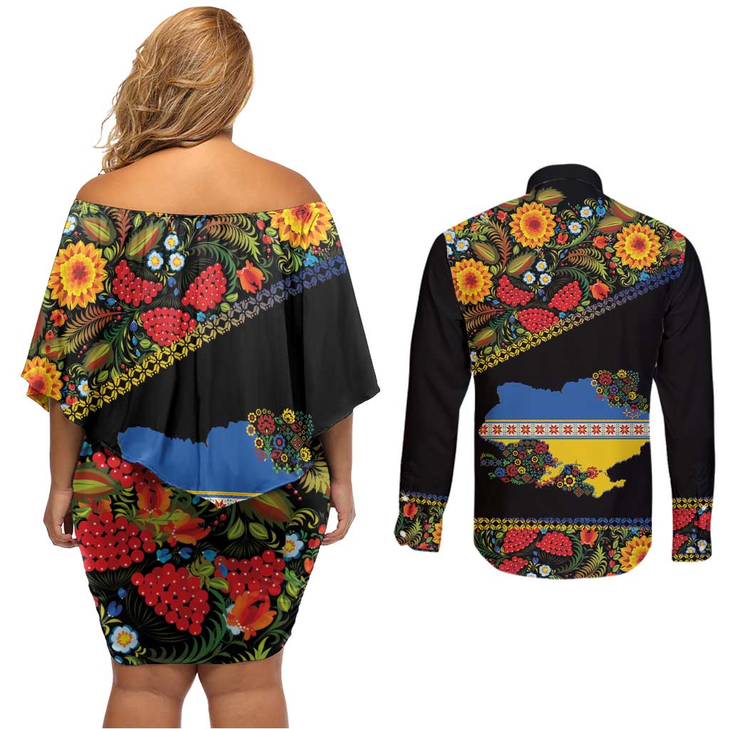 Petrykivka Ukrainian Folk Pattern Couples Matching Off Shoulder Short Dress and Long Sleeve Button Shirt Golden Trident With Map