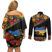 Petrykivka Ukrainian Folk Pattern Couples Matching Off Shoulder Short Dress and Long Sleeve Button Shirt Golden Trident With Map