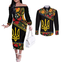 Petrykivka Ukrainian Folk Pattern Couples Matching Off The Shoulder Long Sleeve Dress and Long Sleeve Button Shirt Golden Trident With Map