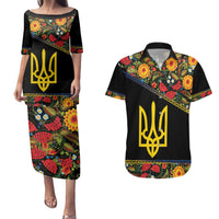 Petrykivka Ukrainian Folk Pattern Couples Matching Puletasi and Hawaiian Shirt Golden Trident With Map