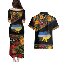 Petrykivka Ukrainian Folk Pattern Couples Matching Puletasi and Hawaiian Shirt Golden Trident With Map