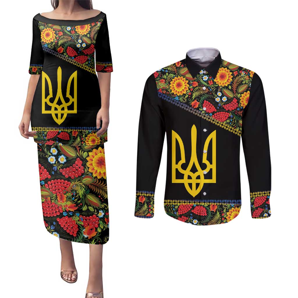 Petrykivka Ukrainian Folk Pattern Couples Matching Puletasi and Long Sleeve Button Shirt Golden Trident With Map