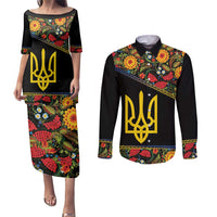 Petrykivka Ukrainian Folk Pattern Couples Matching Puletasi and Long Sleeve Button Shirt Golden Trident With Map