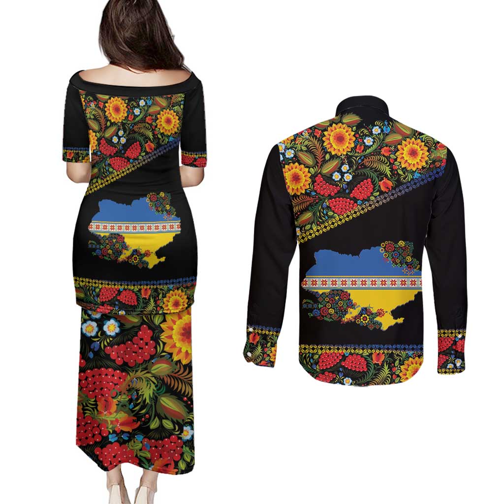 Petrykivka Ukrainian Folk Pattern Couples Matching Puletasi and Long Sleeve Button Shirt Golden Trident With Map