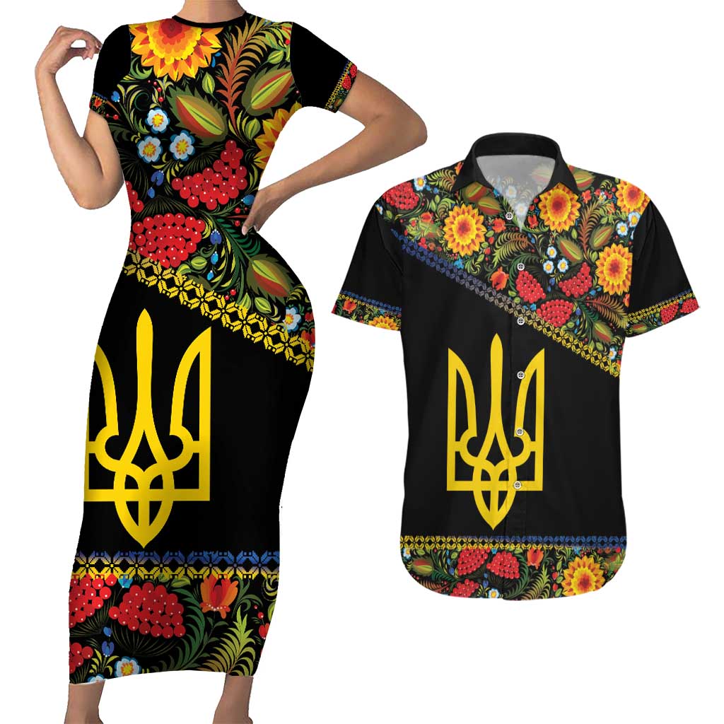 Petrykivka Ukrainian Folk Pattern Couples Matching Short Sleeve Bodycon Dress and Hawaiian Shirt Golden Trident With Map