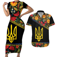 Petrykivka Ukrainian Folk Pattern Couples Matching Short Sleeve Bodycon Dress and Hawaiian Shirt Golden Trident With Map