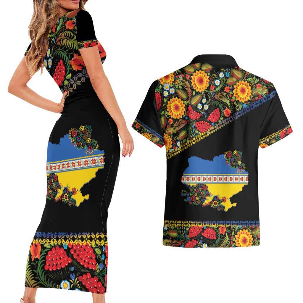 Petrykivka Ukrainian Folk Pattern Couples Matching Short Sleeve Bodycon Dress and Hawaiian Shirt Golden Trident With Map