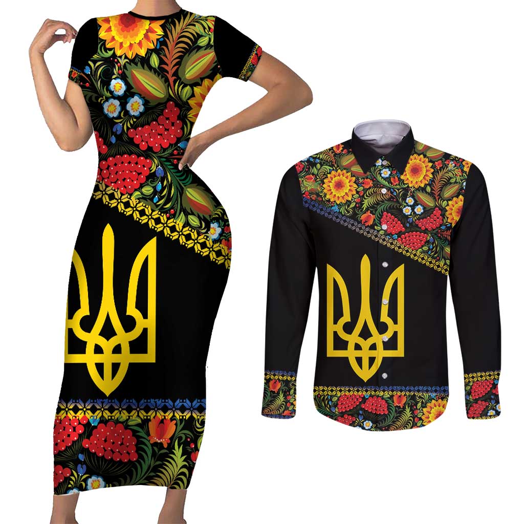Petrykivka Ukrainian Folk Pattern Couples Matching Short Sleeve Bodycon Dress and Long Sleeve Button Shirt Golden Trident With Map