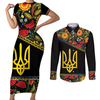 Petrykivka Ukrainian Folk Pattern Couples Matching Short Sleeve Bodycon Dress and Long Sleeve Button Shirt Golden Trident With Map