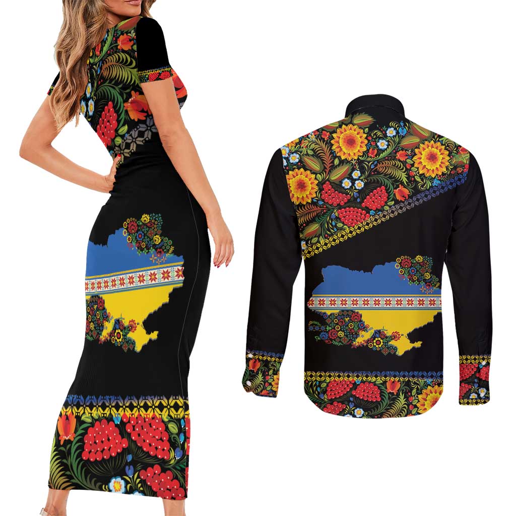 Petrykivka Ukrainian Folk Pattern Couples Matching Short Sleeve Bodycon Dress and Long Sleeve Button Shirt Golden Trident With Map