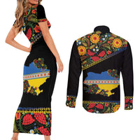Petrykivka Ukrainian Folk Pattern Couples Matching Short Sleeve Bodycon Dress and Long Sleeve Button Shirt Golden Trident With Map