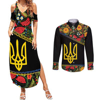 Petrykivka Ukrainian Folk Pattern Couples Matching Summer Maxi Dress and Long Sleeve Button Shirt Golden Trident With Map