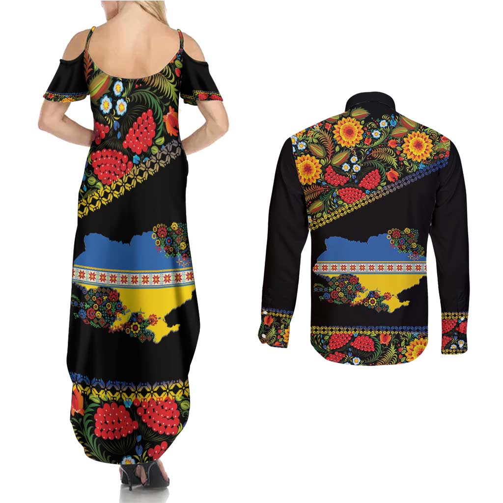 Petrykivka Ukrainian Folk Pattern Couples Matching Summer Maxi Dress and Long Sleeve Button Shirt Golden Trident With Map