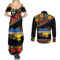 Petrykivka Ukrainian Folk Pattern Couples Matching Summer Maxi Dress and Long Sleeve Button Shirt Golden Trident With Map