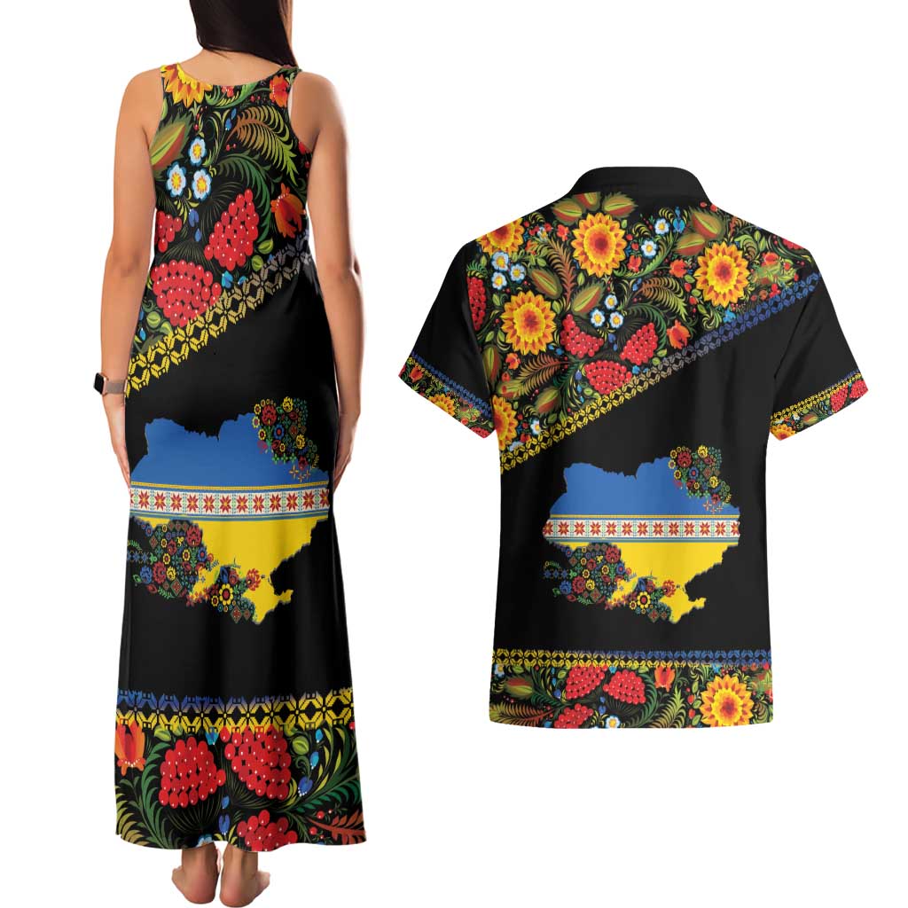 Petrykivka Ukrainian Folk Pattern Couples Matching Tank Maxi Dress and Hawaiian Shirt Golden Trident With Map