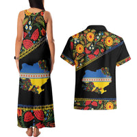 Petrykivka Ukrainian Folk Pattern Couples Matching Tank Maxi Dress and Hawaiian Shirt Golden Trident With Map