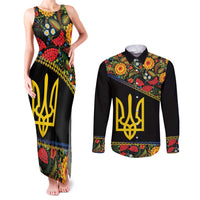 Petrykivka Ukrainian Folk Pattern Couples Matching Tank Maxi Dress and Long Sleeve Button Shirt Golden Trident With Map