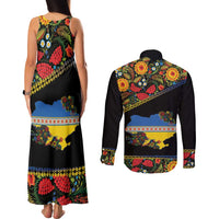 Petrykivka Ukrainian Folk Pattern Couples Matching Tank Maxi Dress and Long Sleeve Button Shirt Golden Trident With Map