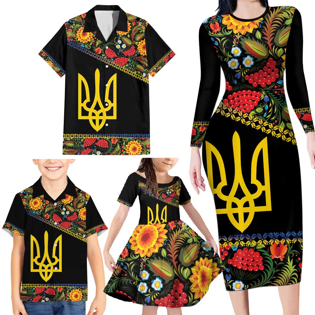 Petrykivka Ukrainian Folk Pattern Family Matching Long Sleeve Bodycon Dress and Hawaiian Shirt Golden Trident With Map