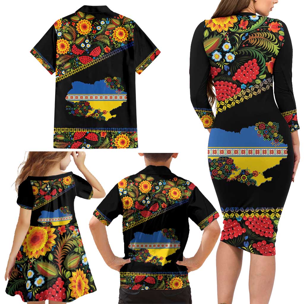 Petrykivka Ukrainian Folk Pattern Family Matching Long Sleeve Bodycon Dress and Hawaiian Shirt Golden Trident With Map