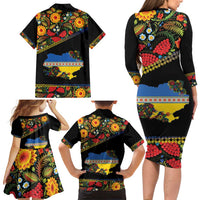 Petrykivka Ukrainian Folk Pattern Family Matching Long Sleeve Bodycon Dress and Hawaiian Shirt Golden Trident With Map