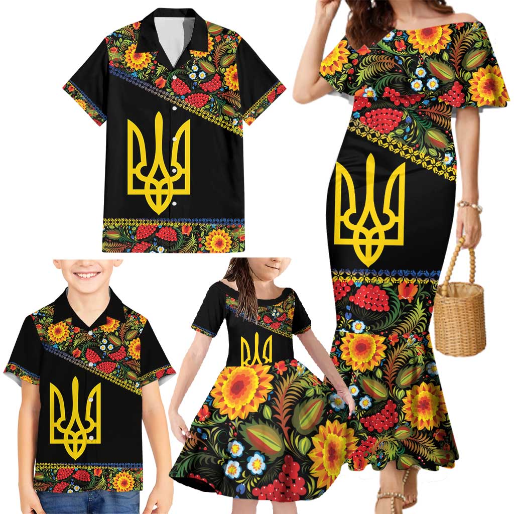 Petrykivka Ukrainian Folk Pattern Family Matching Mermaid Dress and Hawaiian Shirt Golden Trident With Map