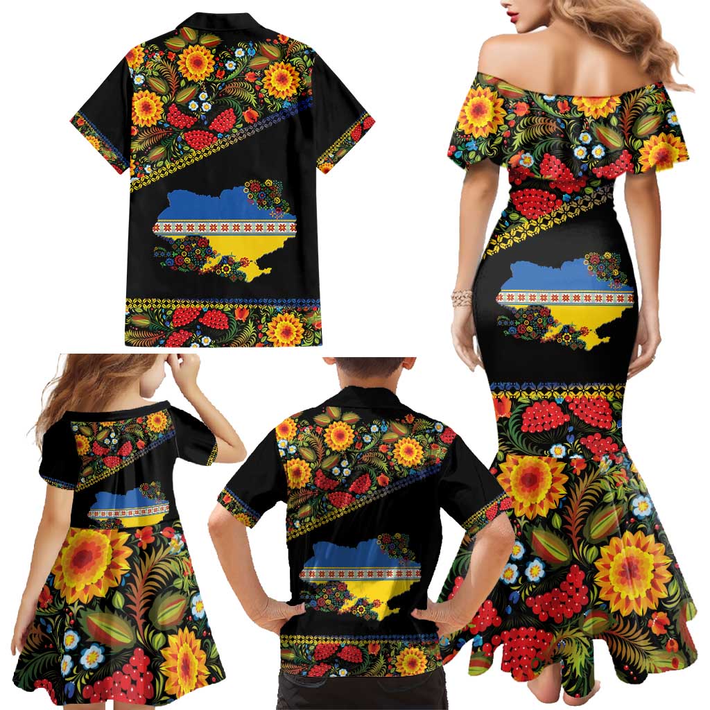 Petrykivka Ukrainian Folk Pattern Family Matching Mermaid Dress and Hawaiian Shirt Golden Trident With Map