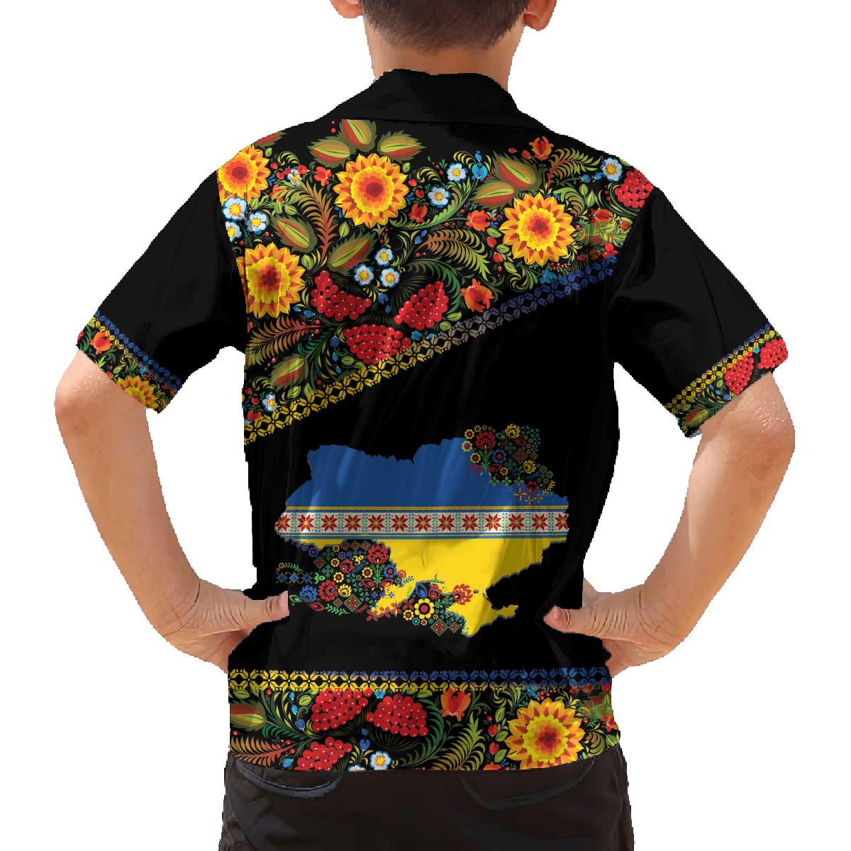 Petrykivka Ukrainian Folk Pattern Family Matching Off The Shoulder Long Sleeve Dress and Hawaiian Shirt Golden Trident With Map