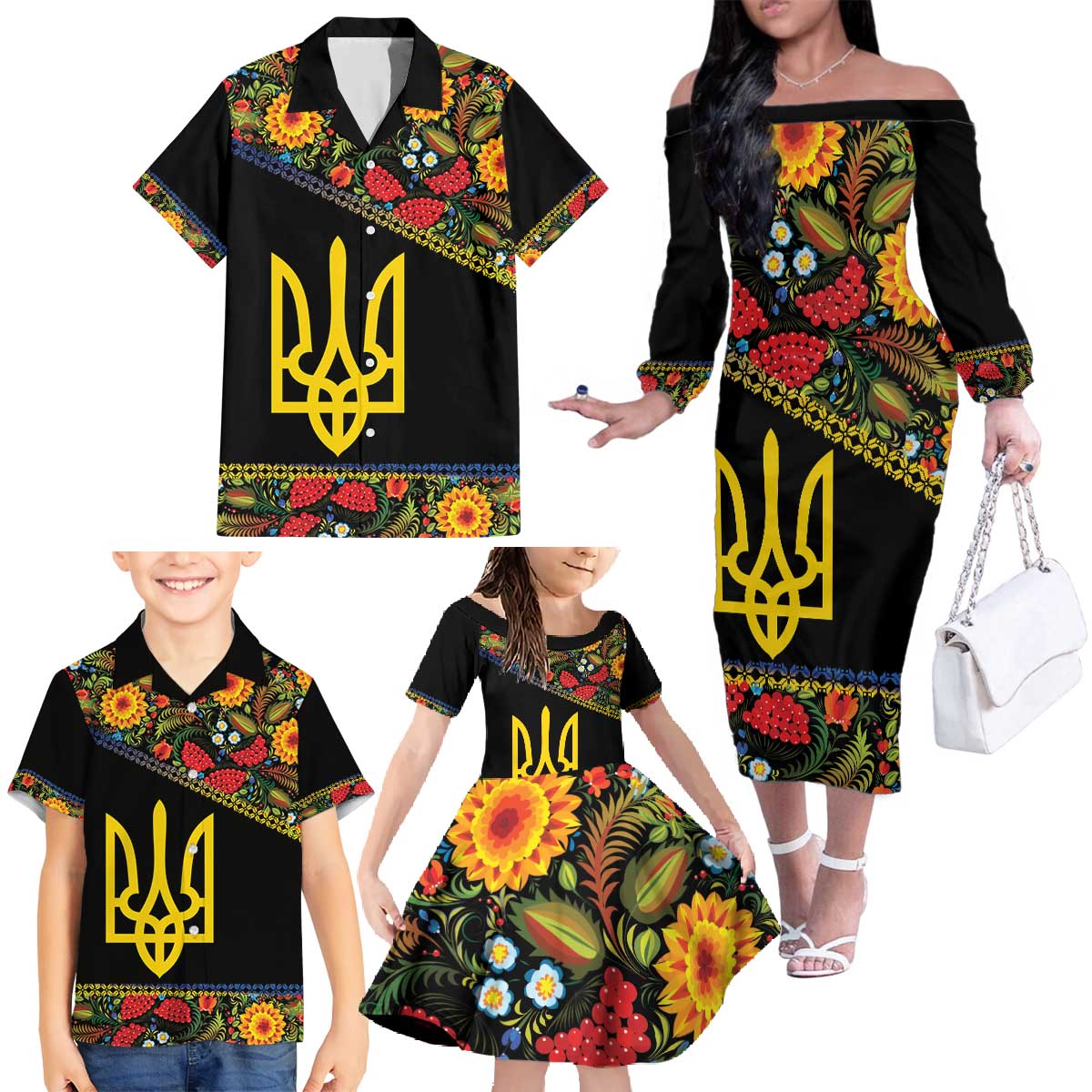 Petrykivka Ukrainian Folk Pattern Family Matching Off The Shoulder Long Sleeve Dress and Hawaiian Shirt Golden Trident With Map