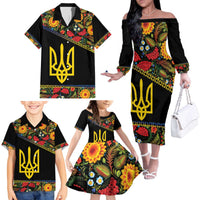 Petrykivka Ukrainian Folk Pattern Family Matching Off The Shoulder Long Sleeve Dress and Hawaiian Shirt Golden Trident With Map