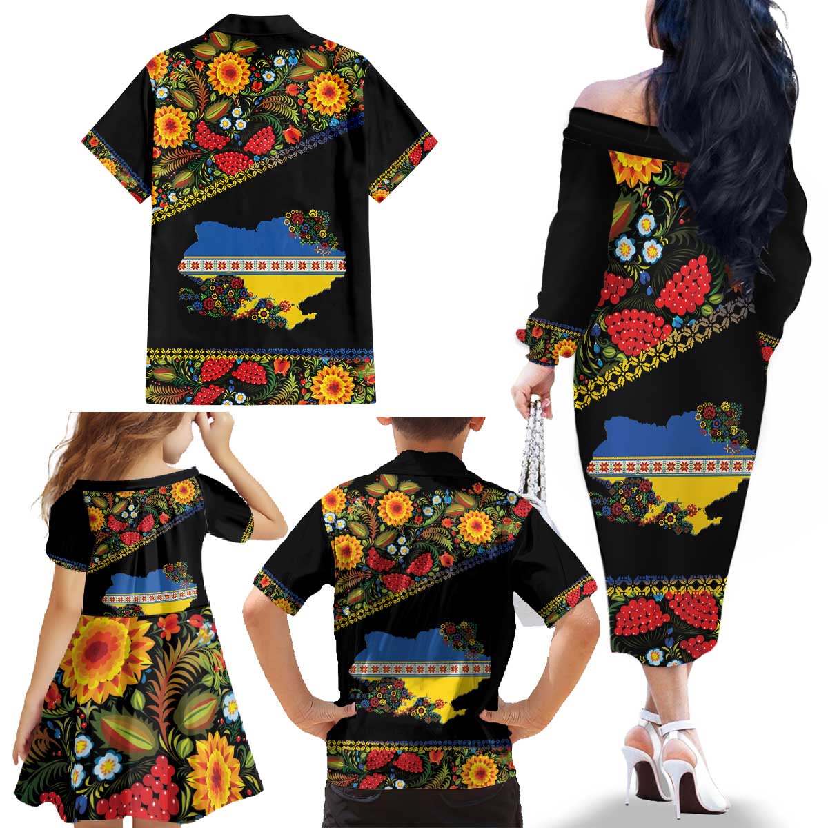 Petrykivka Ukrainian Folk Pattern Family Matching Off The Shoulder Long Sleeve Dress and Hawaiian Shirt Golden Trident With Map