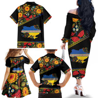 Petrykivka Ukrainian Folk Pattern Family Matching Off The Shoulder Long Sleeve Dress and Hawaiian Shirt Golden Trident With Map