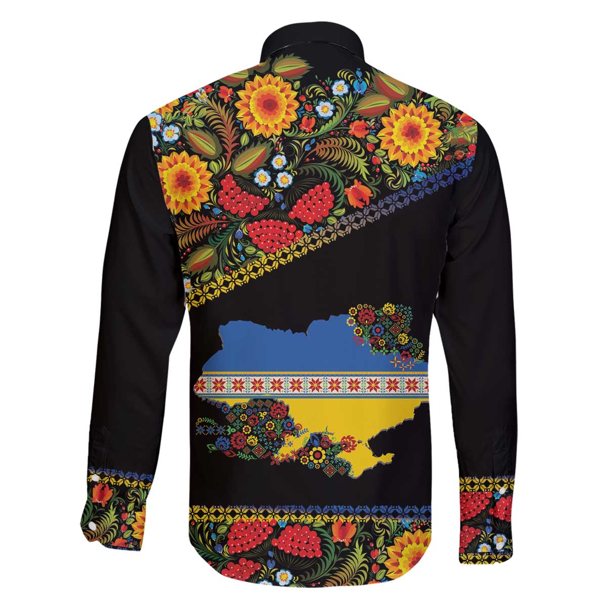 Petrykivka Ukrainian Folk Pattern Family Matching Off The Shoulder Long Sleeve Dress and Hawaiian Shirt Golden Trident With Map
