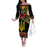 Petrykivka Ukrainian Folk Pattern Family Matching Off The Shoulder Long Sleeve Dress and Hawaiian Shirt Golden Trident With Map