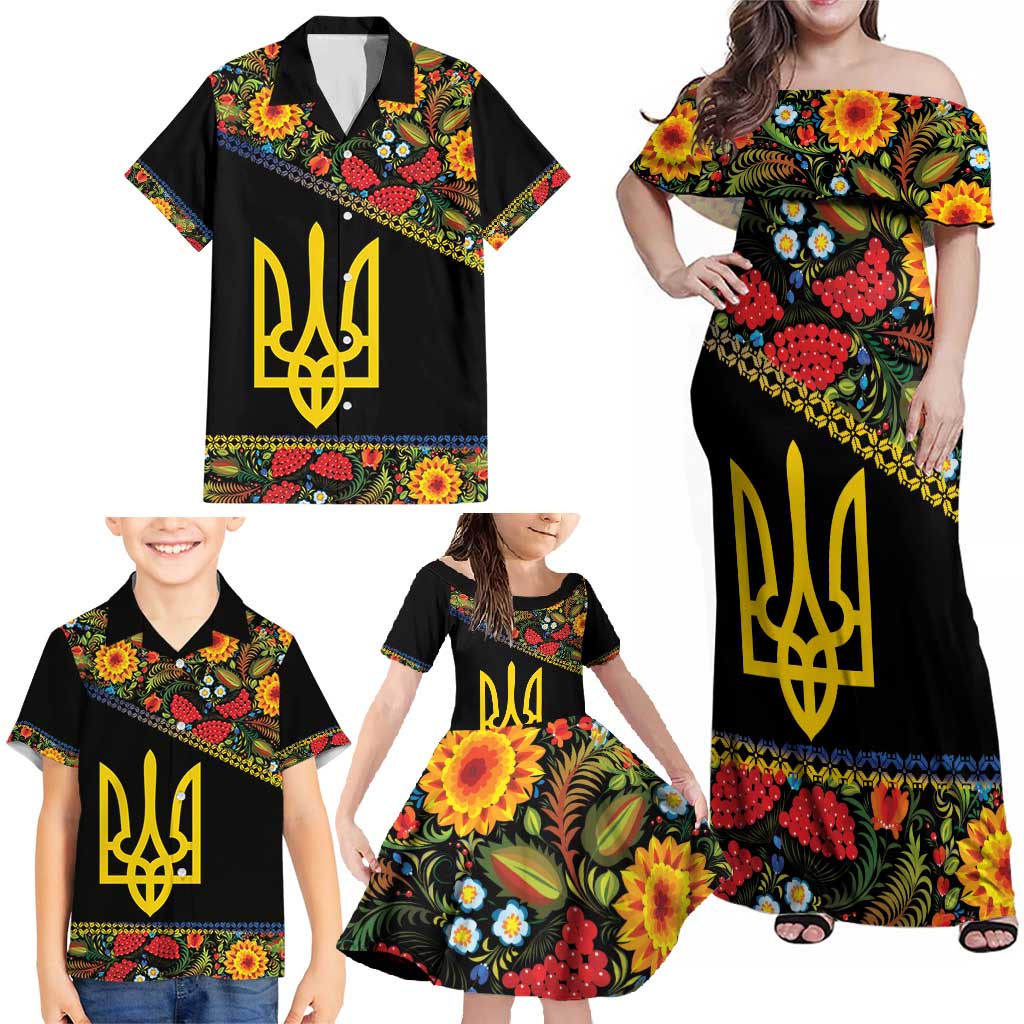 Petrykivka Ukrainian Folk Pattern Family Matching Off Shoulder Maxi Dress and Hawaiian Shirt Golden Trident With Map