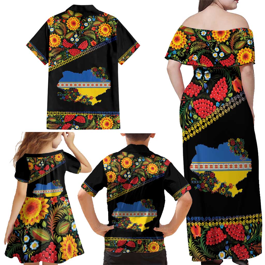 Petrykivka Ukrainian Folk Pattern Family Matching Off Shoulder Maxi Dress and Hawaiian Shirt Golden Trident With Map