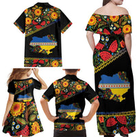 Petrykivka Ukrainian Folk Pattern Family Matching Off Shoulder Maxi Dress and Hawaiian Shirt Golden Trident With Map