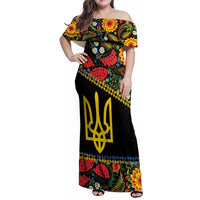Petrykivka Ukrainian Folk Pattern Family Matching Off Shoulder Maxi Dress and Hawaiian Shirt Golden Trident With Map