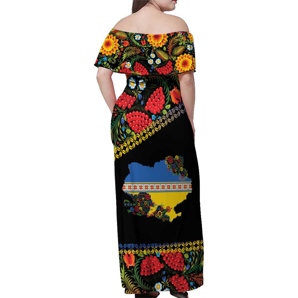 Petrykivka Ukrainian Folk Pattern Family Matching Off Shoulder Maxi Dress and Hawaiian Shirt Golden Trident With Map